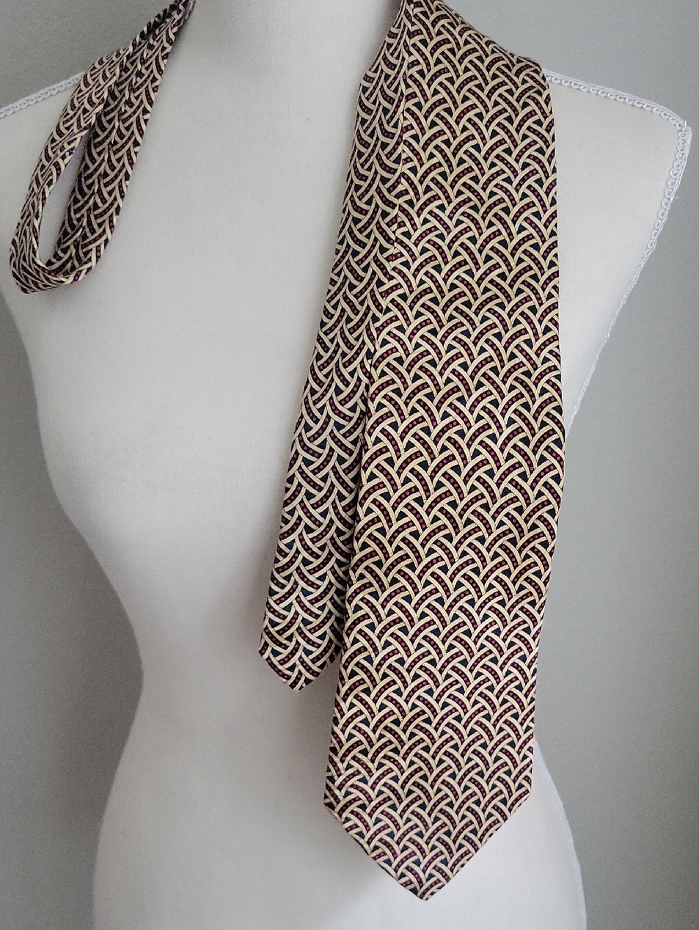 Vintage Raphael Silk Scarf in Cream Red Blue Woven Geometric Design